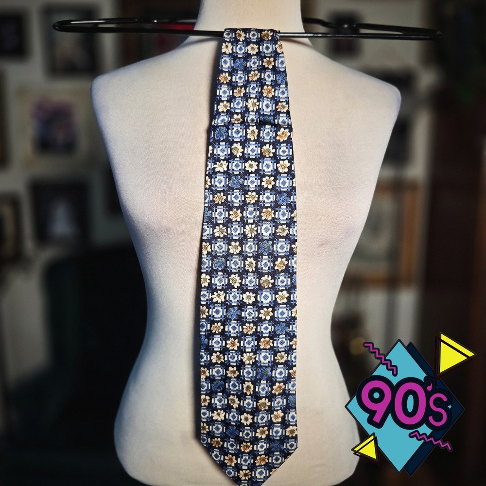 Structure Tie La Collezione Silk Vintage 90s Blue Floral Geometric Made in Italy